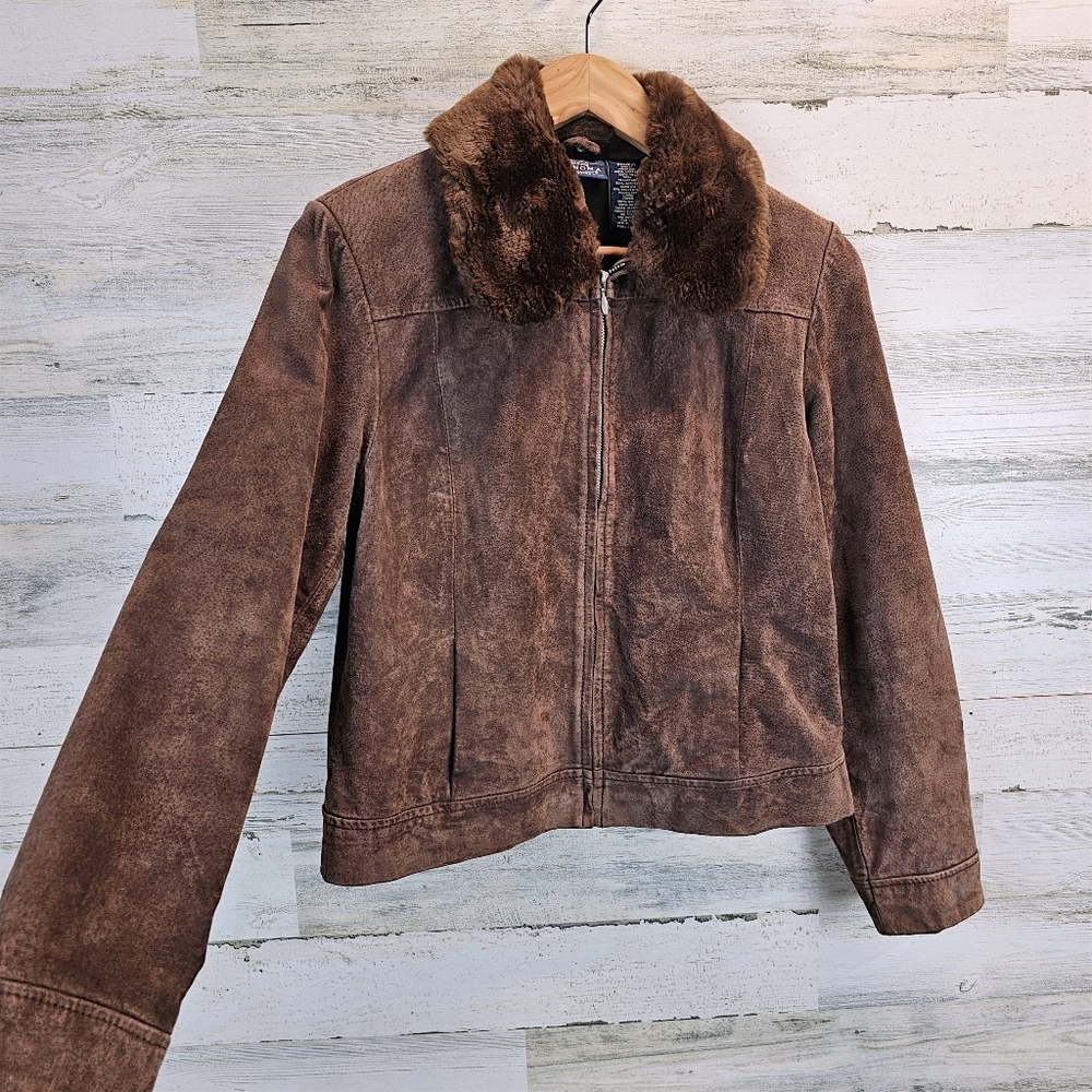 Vintage Brown Suede Leather Jacket M Faux Fur Collar Y2K Quiet Luxury Equestrian - Picture 6 of 12